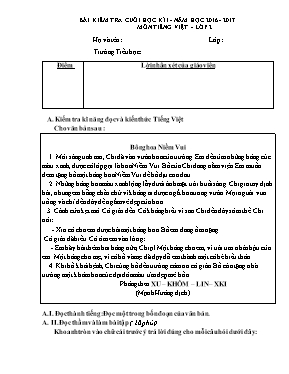 Đề kiểm tra cuối học kì I môn Tiếng việt lớp 2 - Năm học 2016-2017